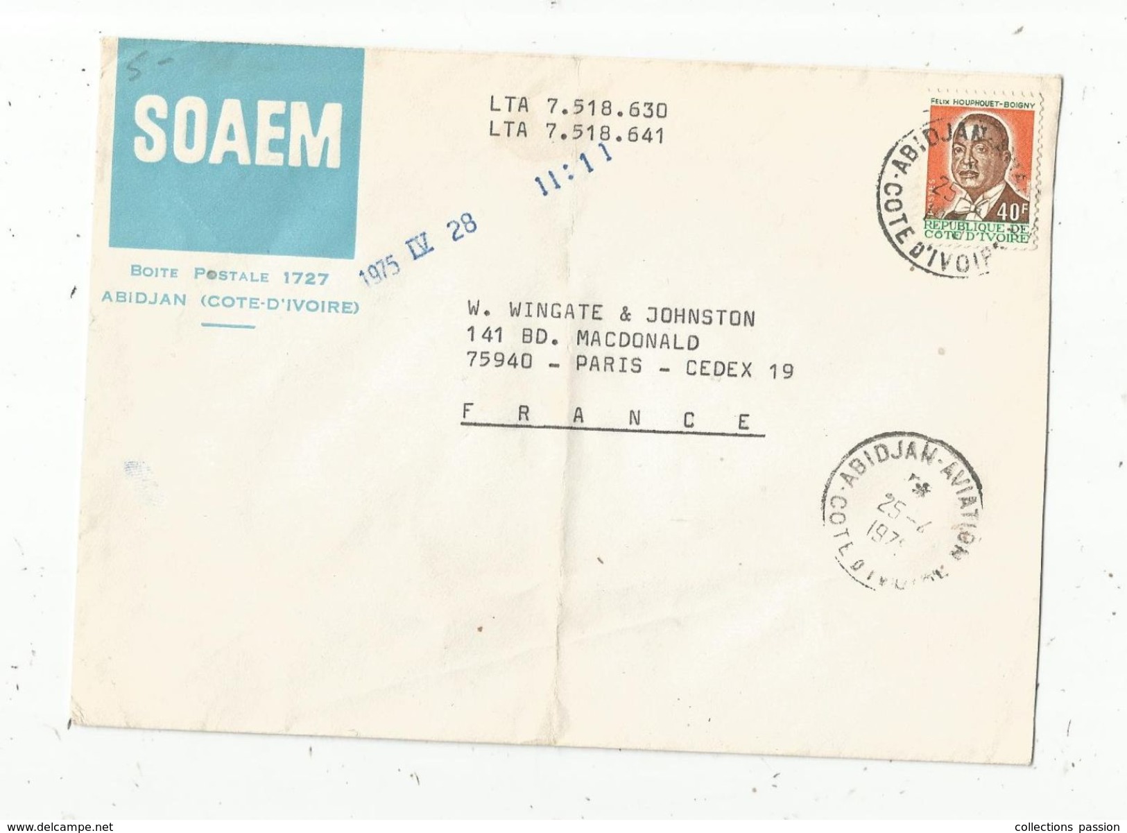 Lettre , 1975 , COTE D'IVOIRE , ABIDJAN AVIATION , Soaem , 1975 IV 28  11 / 11 - Costa D'Avorio (1960-...)