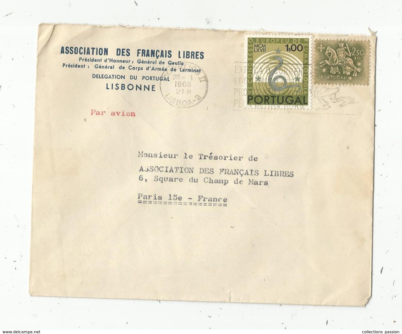 Lettre , 1968 , PORTUGAL , Correios II LISBOA - 2 , Par Avion , Flamme , Association Des Français Libres - Postmark Collection