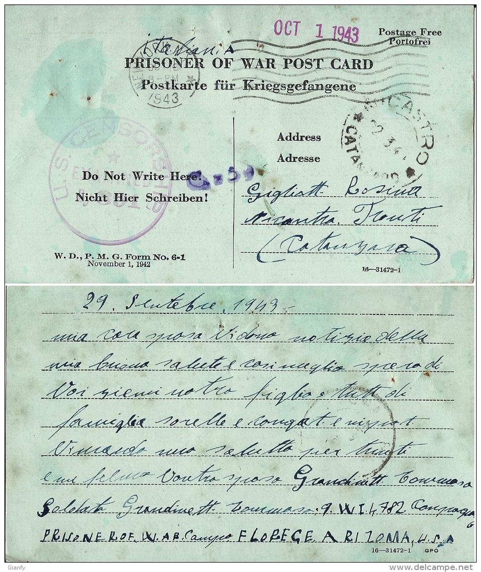 CARTOLINA PRIGIONIERI U.S.A. POW CAMP FLORENCE ARIZONA 1943 NICASTRO - Military Mail (PM)