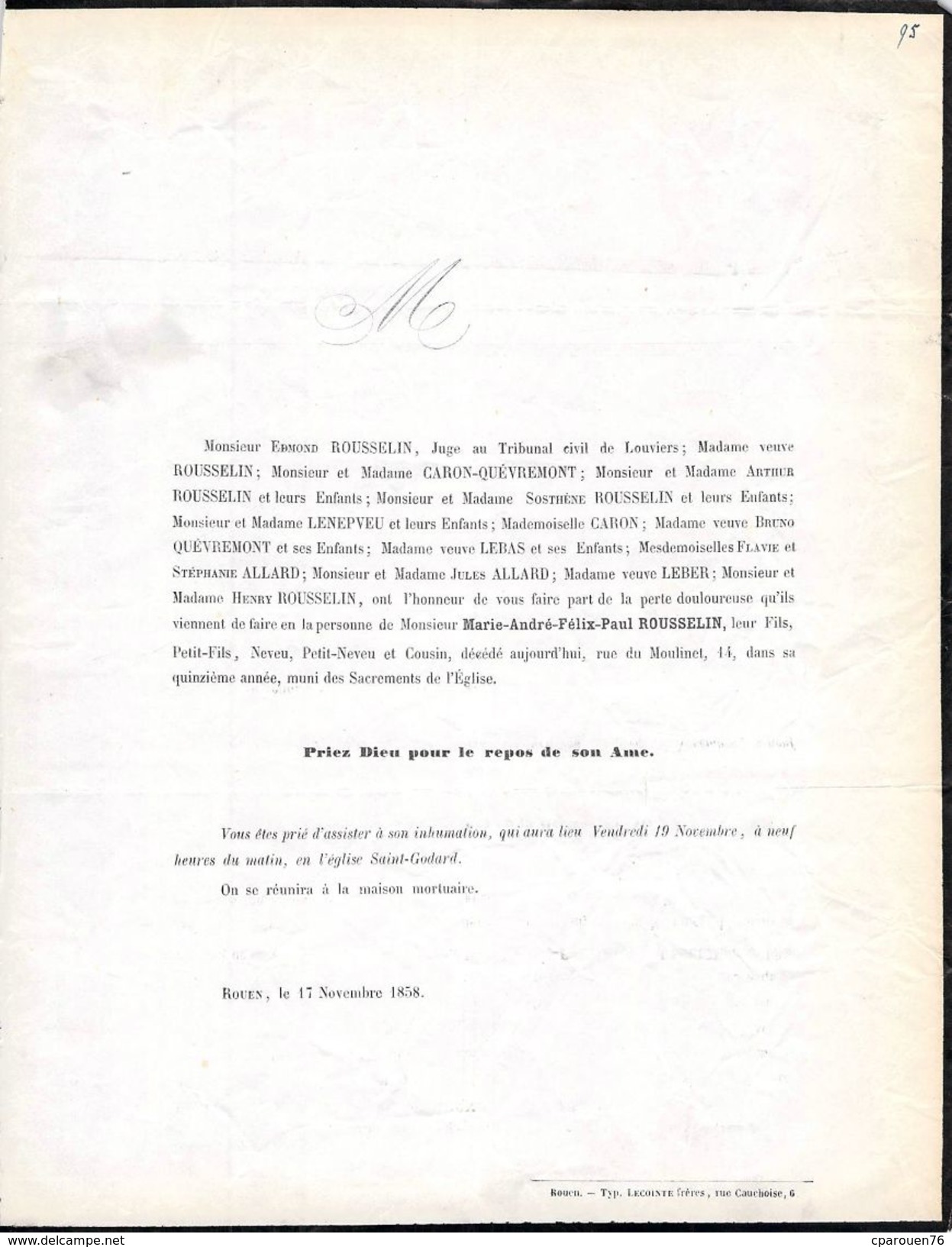 Faire Part Décès Mr M A F P Rousselin 14 Rue Du Moulinet  Rouen 1858 Caron Quévremont Allard Lenepveu Leber 76 - Décès