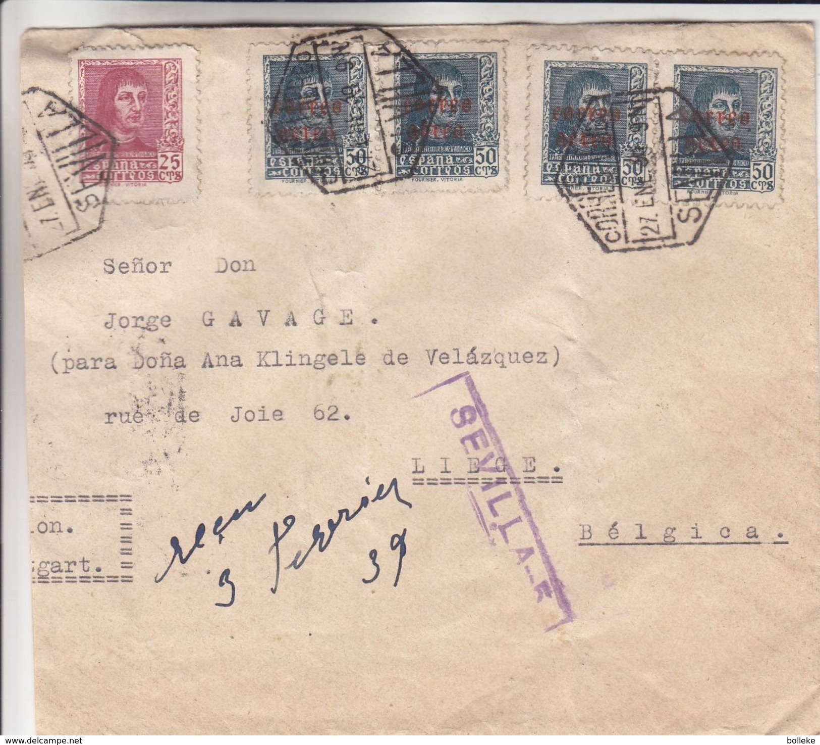 Espagne - Lettre De 1939 ° - Oblit Sevilla - Exp Vers Liège En Bemgique - Griffe Violette Sevilla 5 - Briefe U. Dokumente