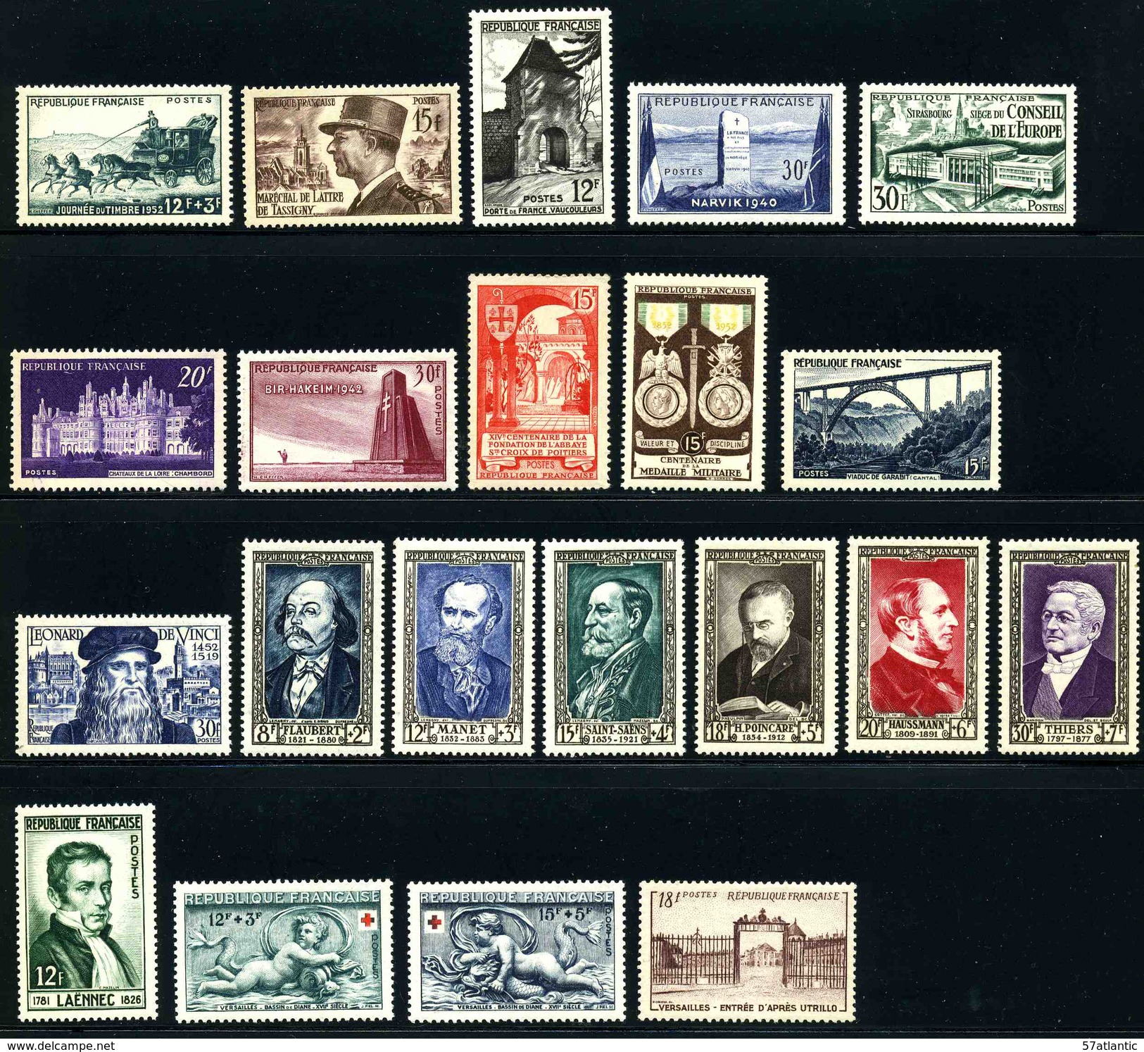 FRANCE - ANNEE COMPLETE 1952 - YT 919 à 939 ** - 21 TIMBRES NEUFS ** - 1950-1959