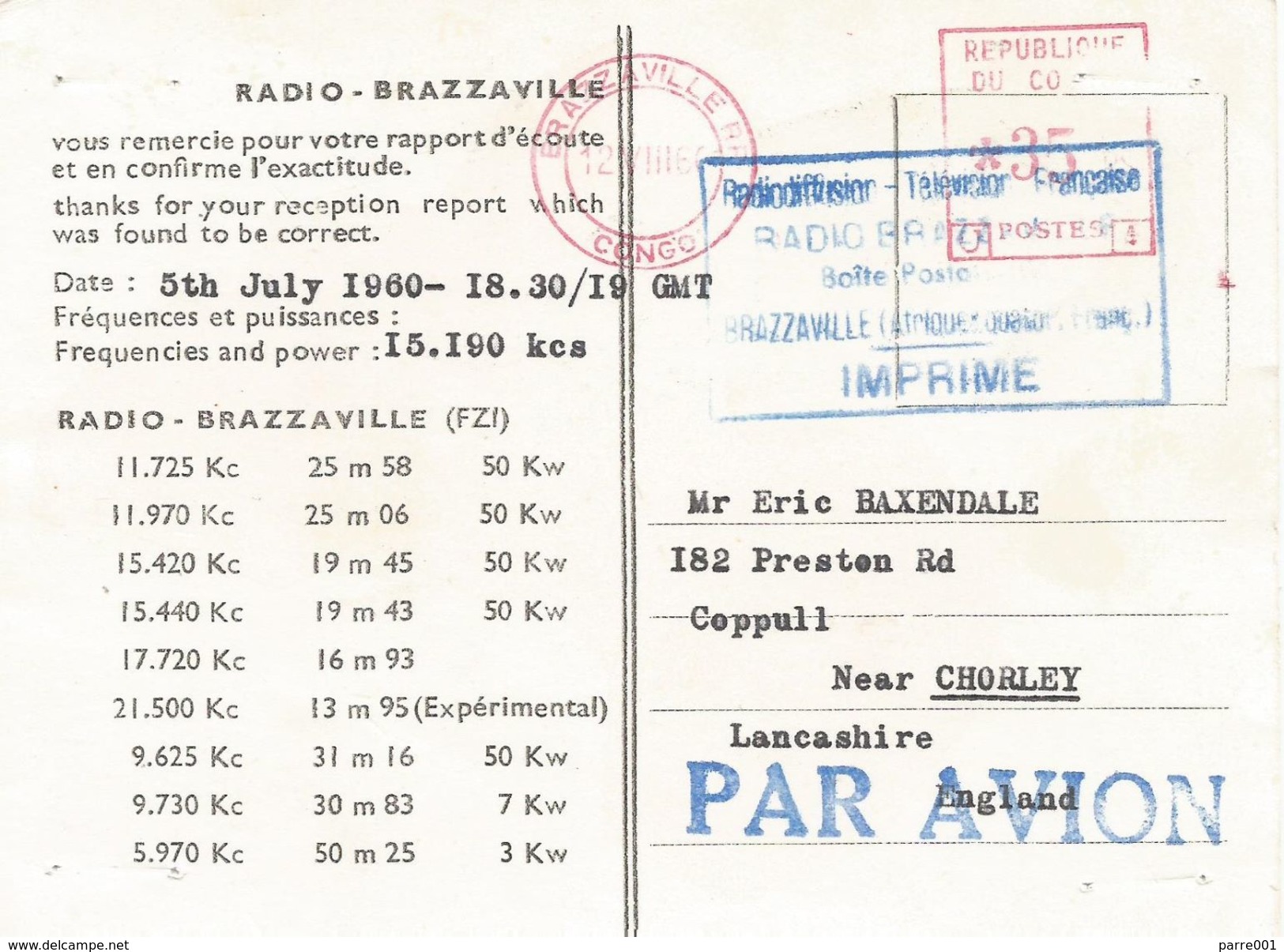 Congo 1960 Brazzaville Meter Franking Universal &ldquo;Multi-Value&rdquo; U4 EMA Radio Card - Afgestempeld