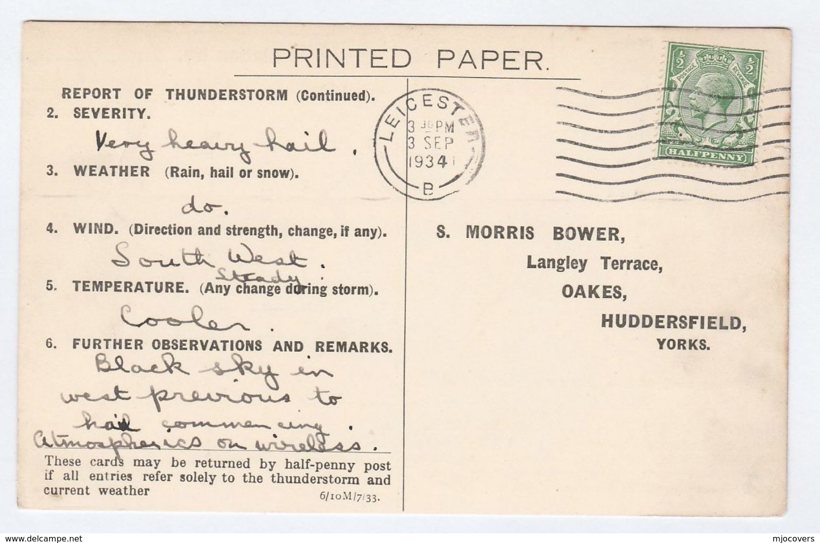 1934 LEICESTER GB GV Stamps COVER Postcard METEOROLOGY Report WEATHER STATION  Re THUNDERSTORM - Storia Postale