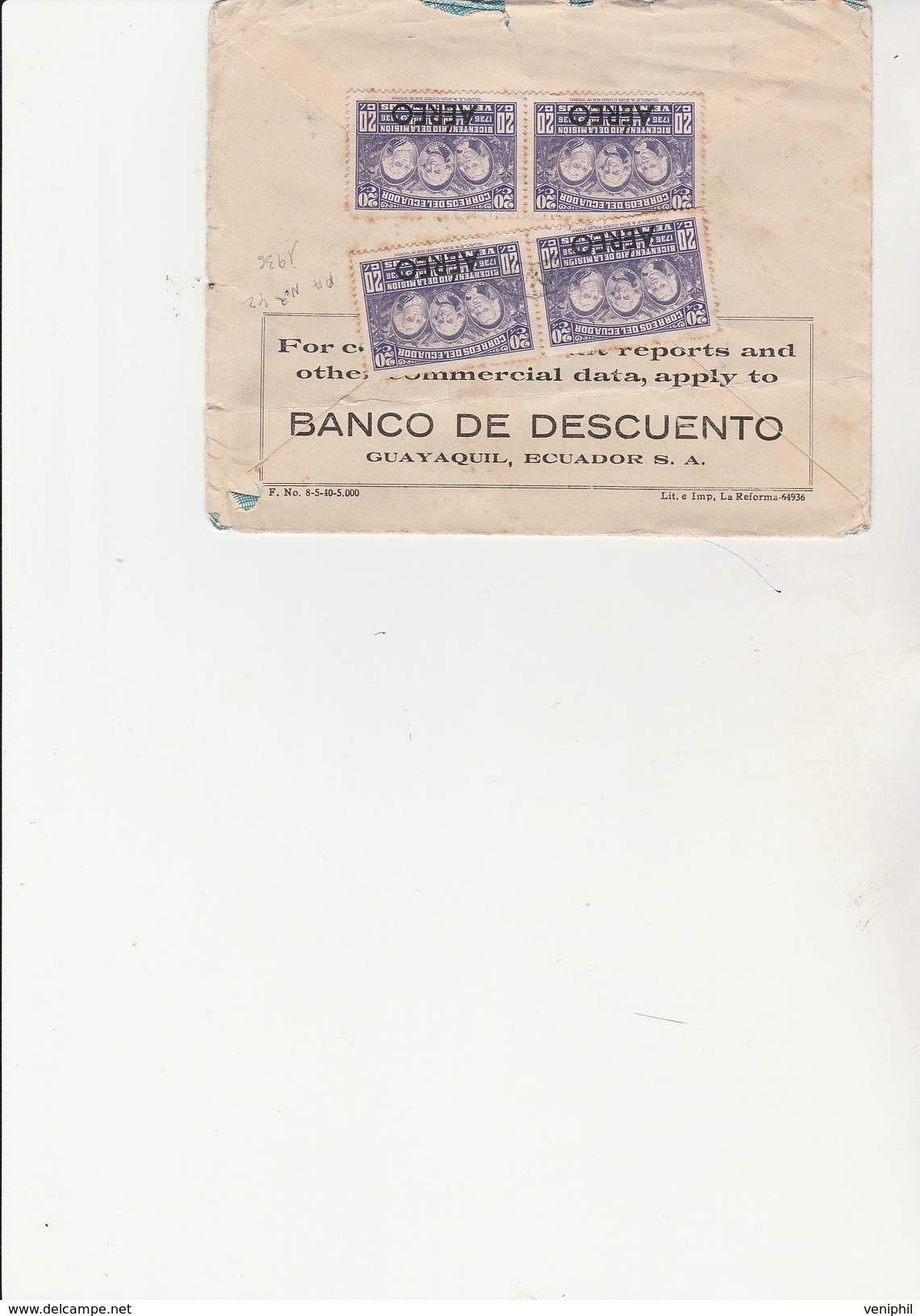 EQUATEUR - LETTRE AFFRANCHIE -  POSTE AERIENNE  N° 42 - 4 EXEMPLAIRES   ANNEE 1936 - Equateur