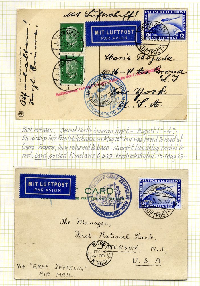 1924-29 Range Of Five Flown Zeppelin Covers Written Up On Leaves From 1924 Commercial Cover From Merseburg To Ridgewood, - Autres & Non Classés