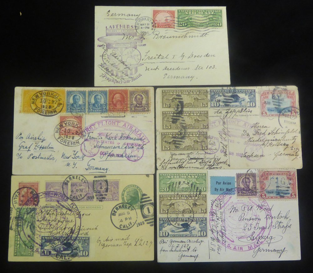 1928-36 Zeppelin Cards Flown To Germany, All Are Multi Franked With U.S Adhesives And Bear Large Purple Zeppelin Cachets - Autres & Non Classés