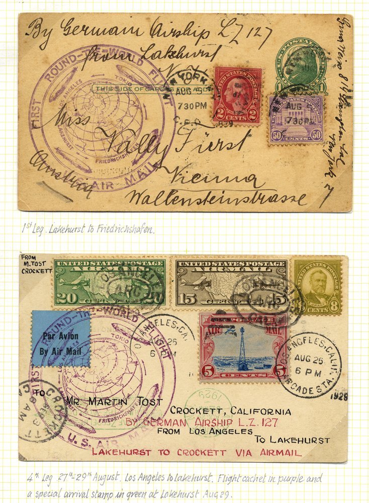 1929 Round The World Flight (4 Covers/cards) Multi Franked With US Adhesives Bearing Large Circular Purple Cachets Lakeh - Autres & Non Classés