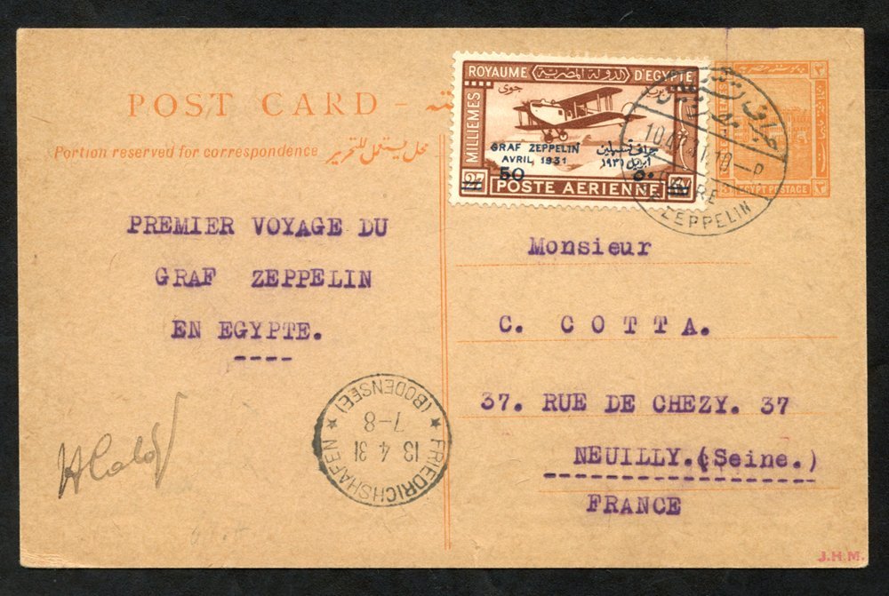 1931 April 4th Egypt Flight To France 3m Stationery Card Uprated With 50m Zeppelin Optd Adhesive, Tied Zeppelin C.d.s. & - Autres & Non Classés