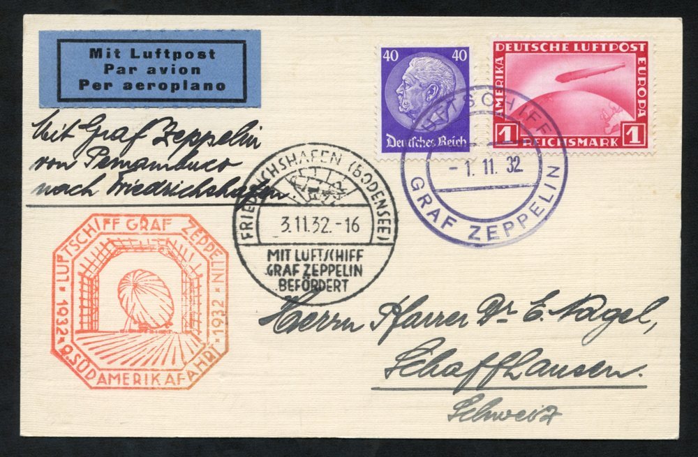 1932 Ninth South America Flight Card Franked 40pf Hindenburg & 1m Zeppelin With Red Octagonal Zeppelin Cachet. - Autres & Non Classés
