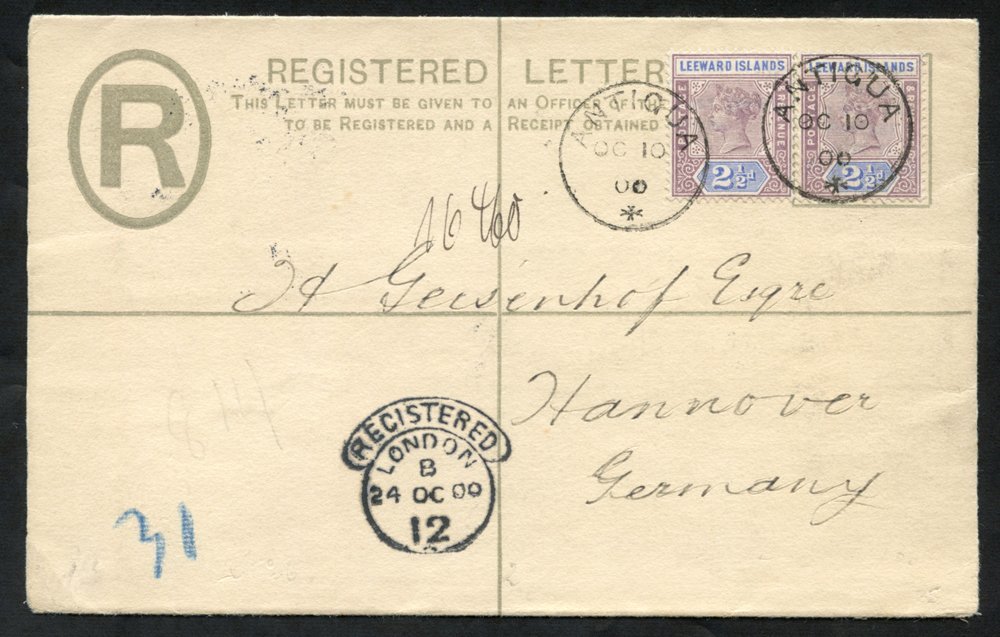 1900 Double Rate 2d Registered Envelope To Germany With Leeward Islands 2½d (2) Cancelled ANTIGUA OC.10.00. Rate Was 2½d - Autres & Non Classés