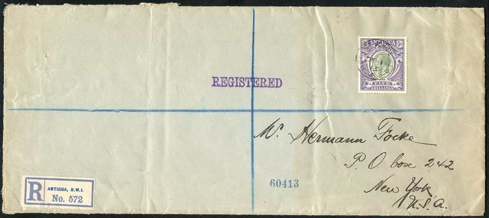 1913 Legal Size Reg Cover To New York, Franked KGV 5s Grey-green & Violet, Tied St. Johns-Antigua C.d.s. (SG.51), Twin F - Autres & Non Classés