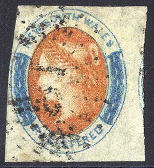 1856-59 NSW 6d 'REGISTERED' Orange & Prussian Blue On Hard Bluish Paper, Clear To Very Large Margins (portion Of Adjoini - Other & Unclassified