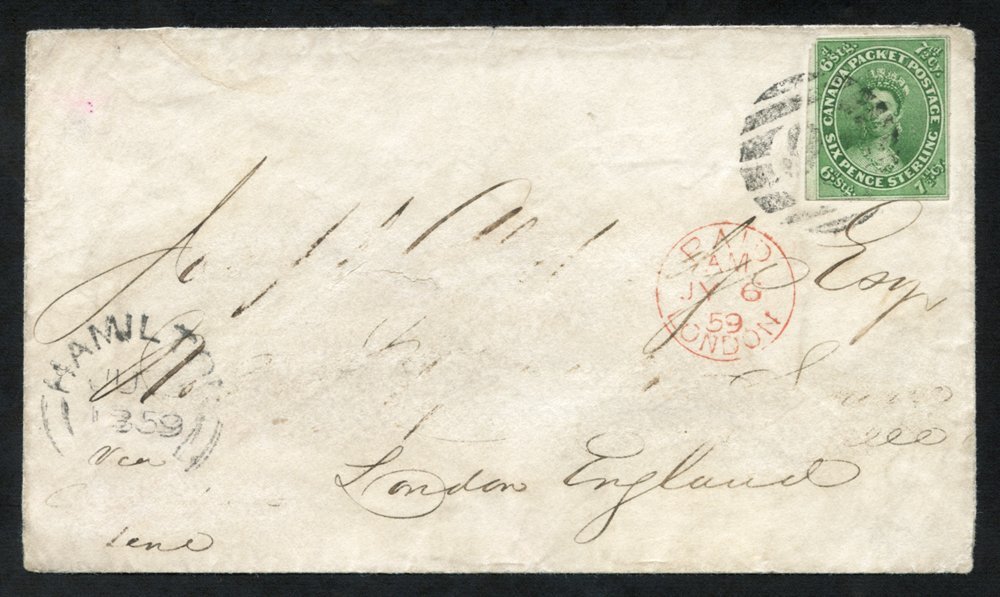 1859 Envelope To England, Part Address Excised With 7½d Yellow-green, Tied By A Barred Numeral Canceller With HAMILTON J - Autres & Non Classés