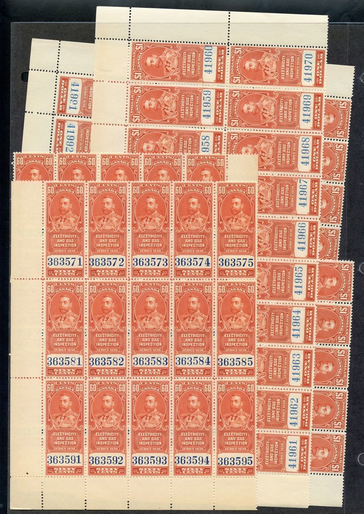 REVENUES 1930 George V Electricity & Gas $1 Pane Of 50 (broken Into 3 Multiples), Also 60c - Two Blocks Of Fifteen, UM. - Autres & Non Classés