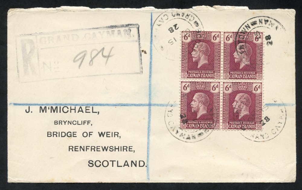 1928 Registered Cover To Scotland With 6d Block Of Four Cancelled Boddentown OC.15.28, Grand Cayman Registration Etiquet - Autres & Non Classés