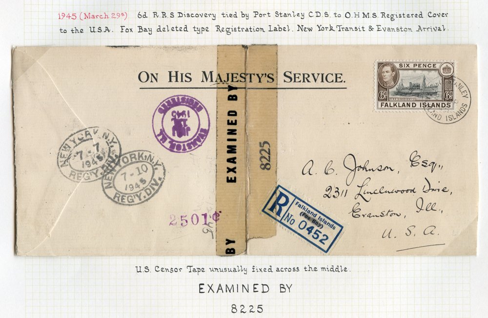 1945 (March 29th) O.H.M.S Registered Cover To Evanston, USA, Franked 6d Discovery, Tied P.S Single Ring C.d.s. With Fox - Altri & Non Classificati