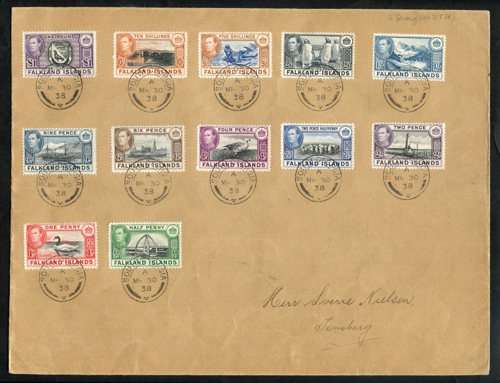 1938 (March 30th) Large Cover Bearing A First Printing Set Of Twelve Values From ½d To £1, All Tied By South Georgia C.d - Other & Unclassified