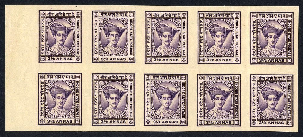 INDORE 1927-37 3½a Violet Left Side Marginal IMPERFORATE Block Of Ten, Fresh Unused, SG.24a, Cat. £475 - Otros & Sin Clasificación