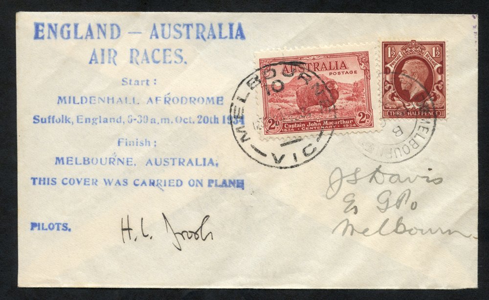 1934 MacRobertson Air Race Mildenhall - Melbourne, Brook & Miss Lay Signed By Brook - Especially Scarce. (1) - Other & Unclassified
