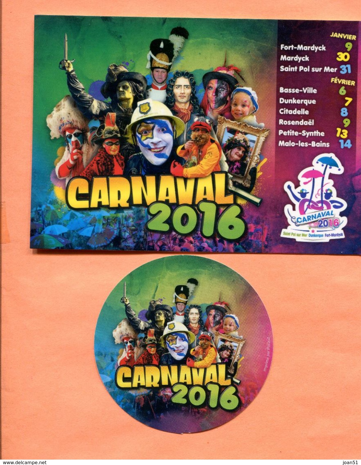 CP 29 CARNAVAL DE DUNKERQUE CARTE + AUTO COLLANT ANNEE 2016 N° 22 - Dunkerque