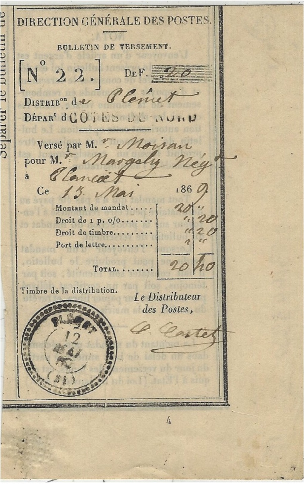 1869- Talon De Bulletin De Versement   Cad  T22 De PLEMET ( Cote Du Nord ) - 1849-1876: Klassik