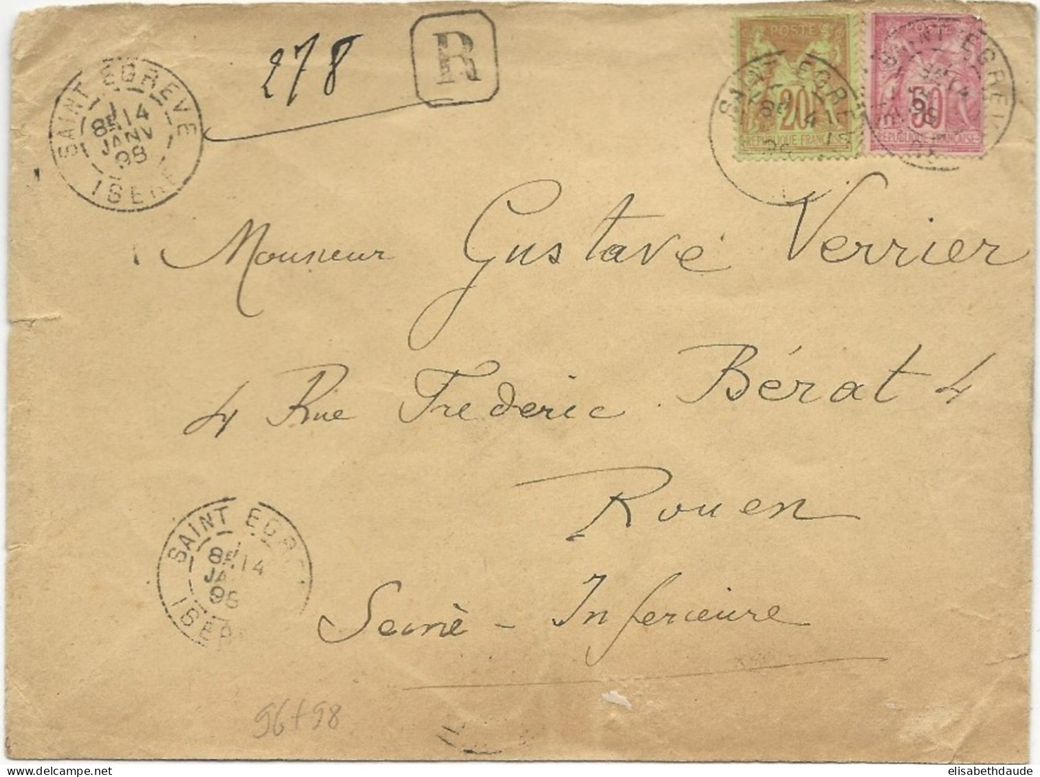 ISERE - 1898 - SAGE N/U Sur RARE LETTRE 3° ECHELON RECOMMANDEE De SAINT EGREVE Pour ROUEN - 1876-1898 Sage (Type II)