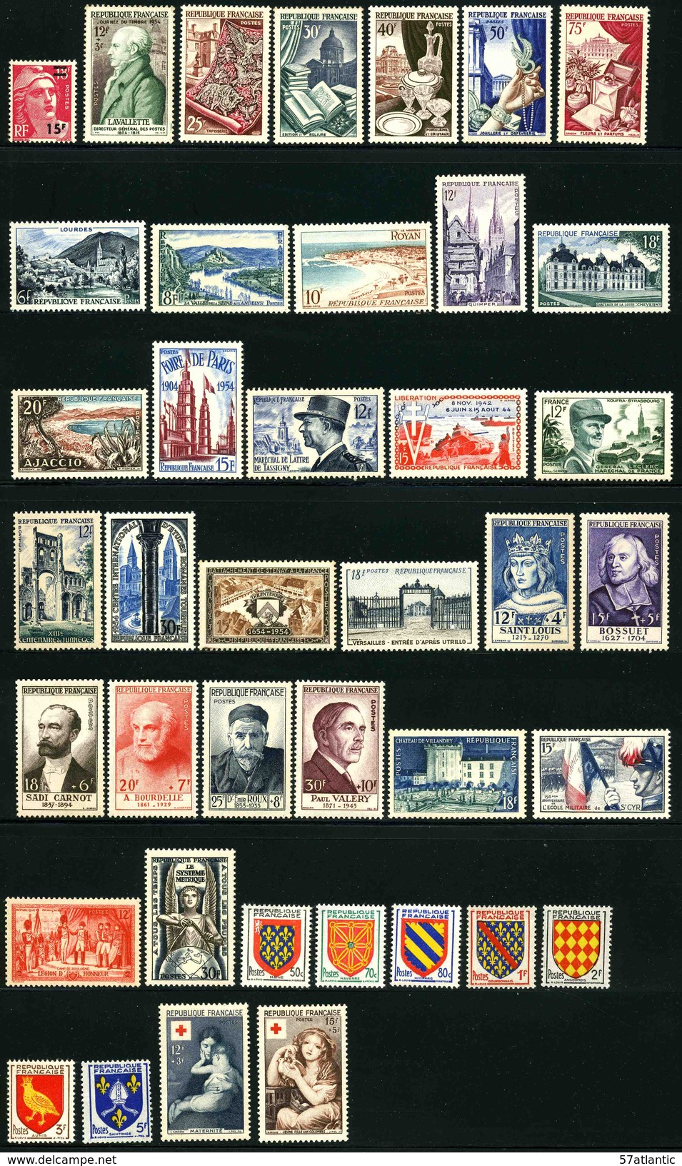 FRANCE - ANNEE COMPLETE 1954 - YT 968 à 1007 ** - 40 TIMBRES NEUFS ** - 1950-1959