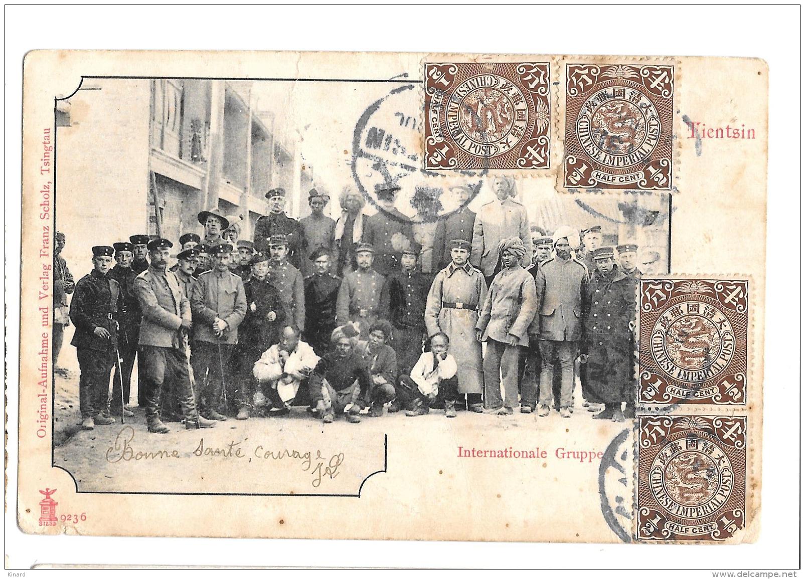 CPA  .CHINE ..TIIENTSIN  .....INTERNATIONALE. GRUPPE.   1908....  TIMBRE N°34 X4.... BE  SCAN - Chine