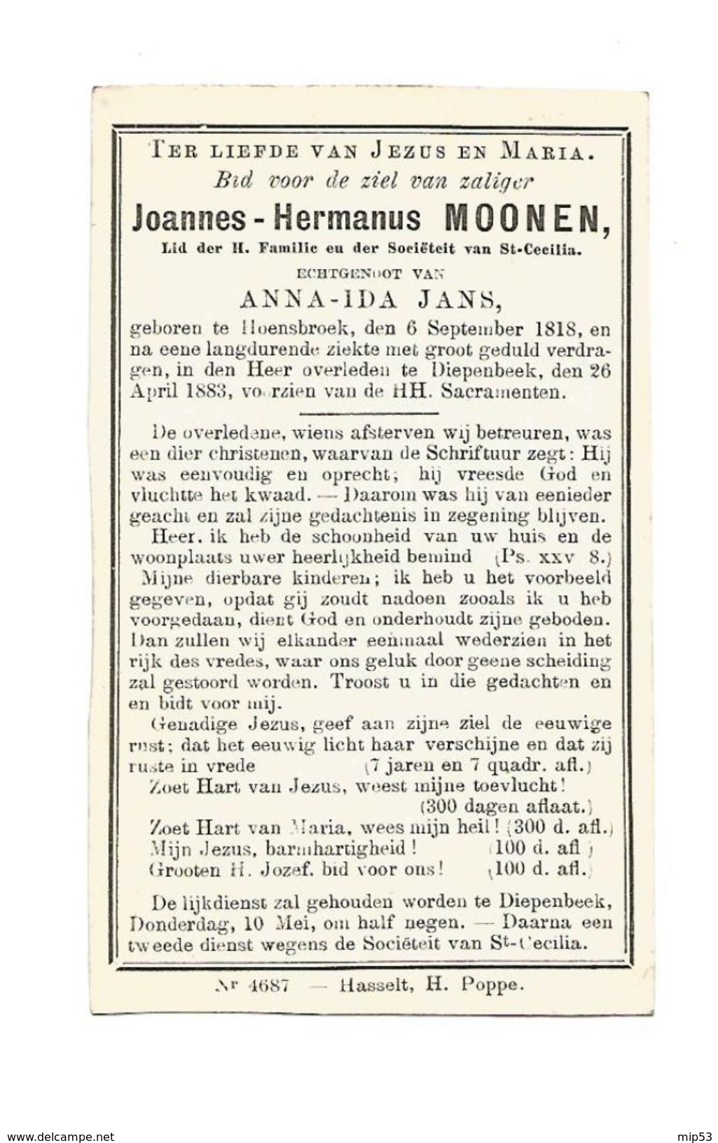 535. JOANNES-HERMANUS MOONEN - Lid H.Famile En Soc. Van St-Cicilia - ° HOENSBROEK 1818 / + DIEPENBEEK 1883 - Images Religieuses