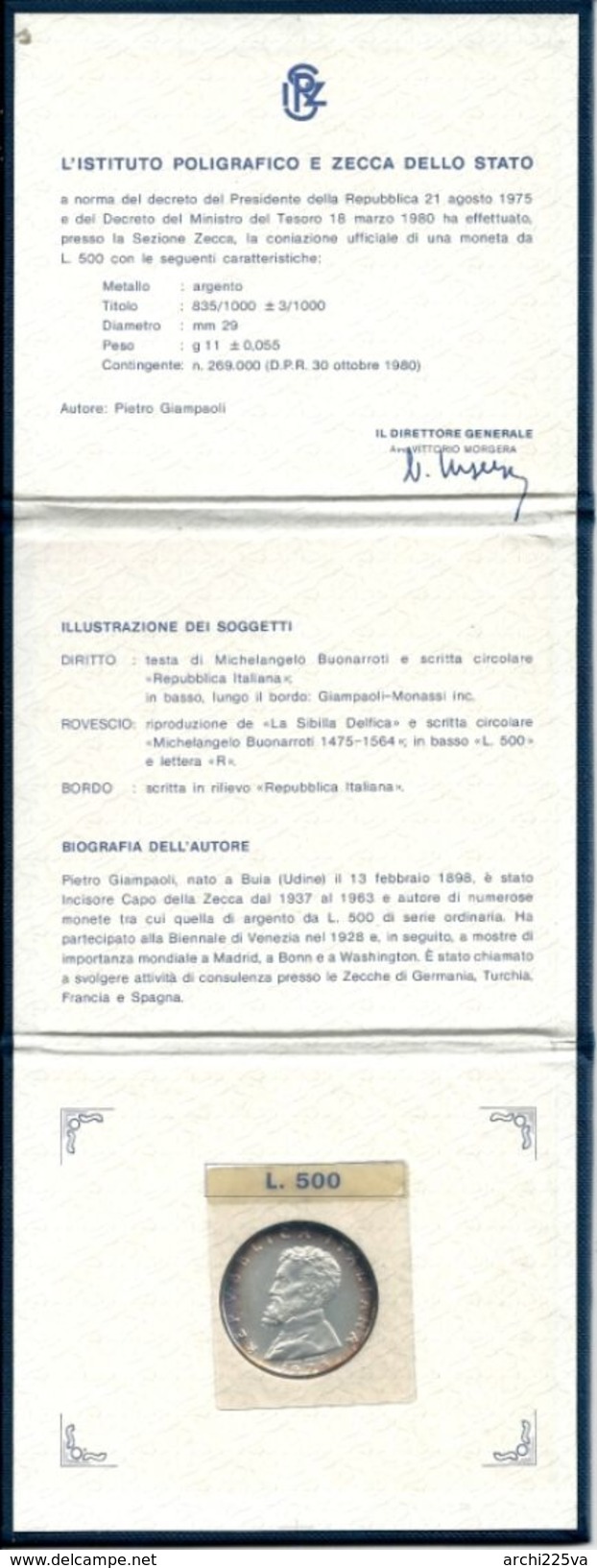 1975 ITALIA - Michelangelo Buonarroti - 500 Lire FDC - Argento / Silver / Argent - Confezione Originale - Jahressets & Polierte Platten