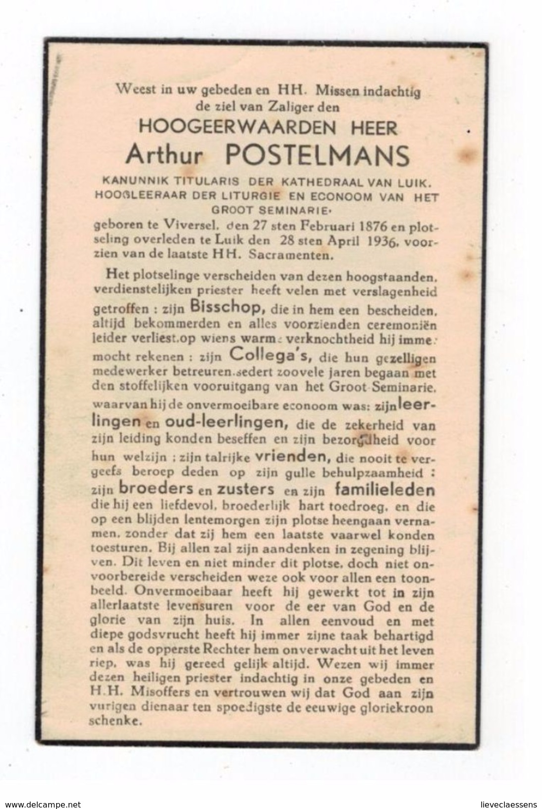 Viversel:doodsprentje Kanunnik Postelmans Arthur Geb. Viversel 27/2/1867 En Overleden Luik 28/4/1936 - Heusden-Zolder