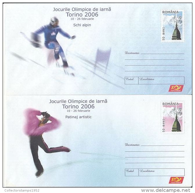 5844FM- SKIING, SKATING, TORINO'06 WINTER OLYMPIC GAMES, COVER STATIONERY, 2X, 2006, ROMANIA - Hiver 2006: Torino