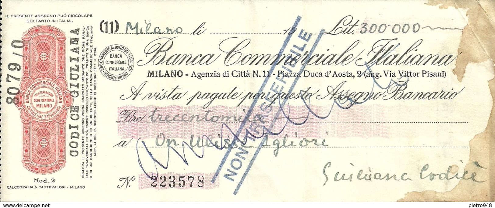Assegno "Banca Commerciale Italiana" Milano Agenzia Di Città N. 11 - Chèques & Chèques De Voyage