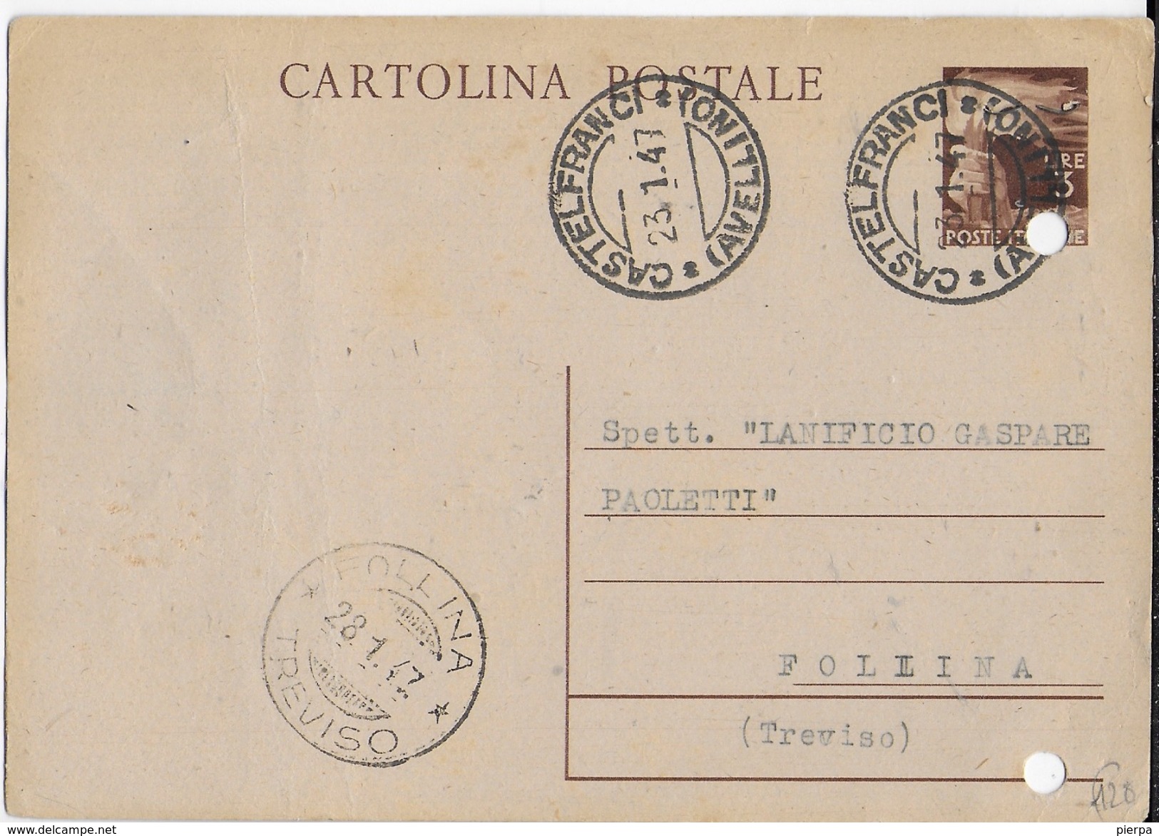 STORIA POSTALE REPUBBLICA - INTERO DEMOCRATICA LIRE 3  DA CASTELFRANCI (AV) PER FOLLINA (TV) 23.01.1947 - Ganzsachen