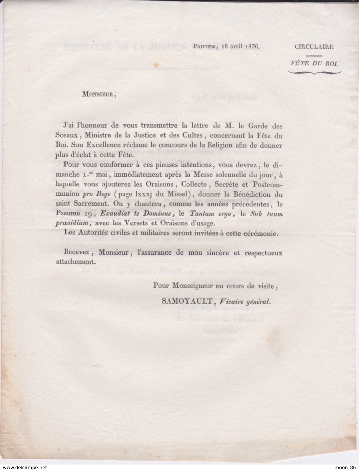 1836 - FETE DU ROI - LETTRE DU GARDE DES SCEAUX MINISTRE DE LA JUSTICE ET DES CULTES - CIRCULAIRE - Manuscripts