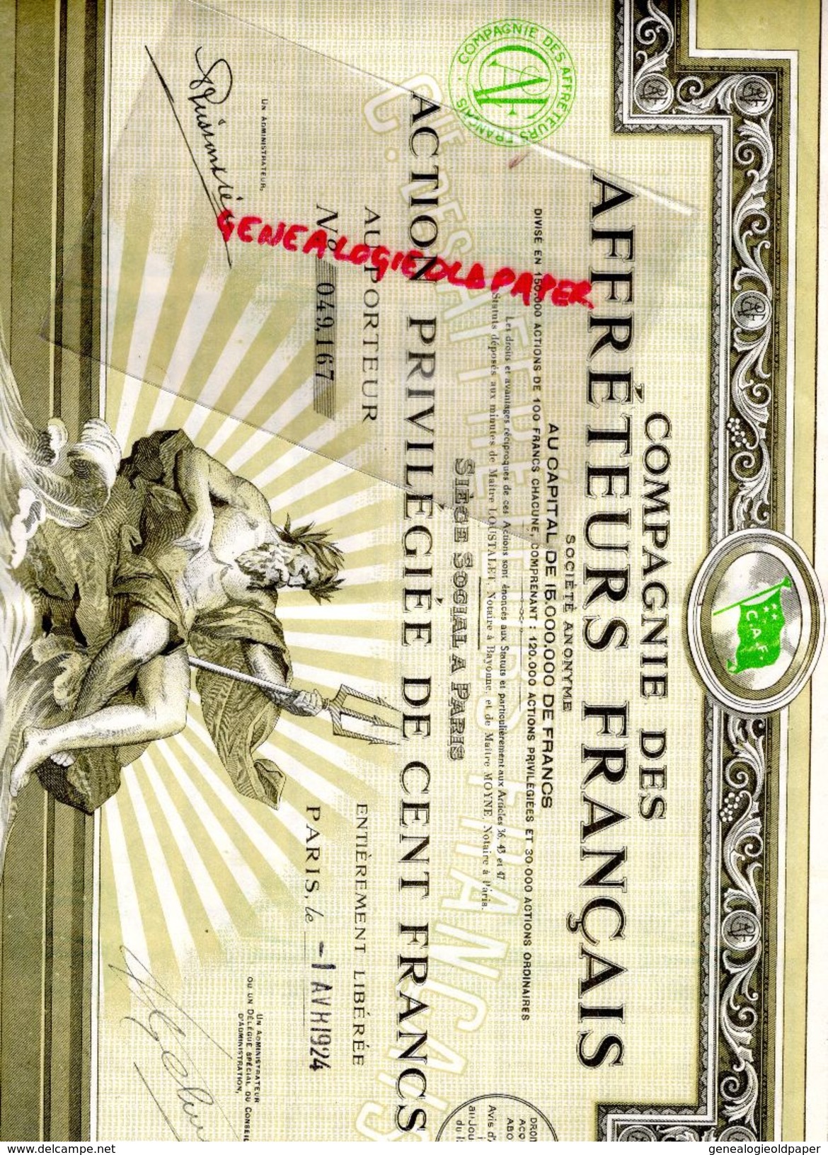 ACTION 100 FRANCS COMPAGNIE AFFRETEURS FRANCAIS-PIERRE FORVEILLE GRAVEUR PARIS RODEZ- LOUSTALET NOTAIRE A BAYONNE 1924 - Otros & Sin Clasificación