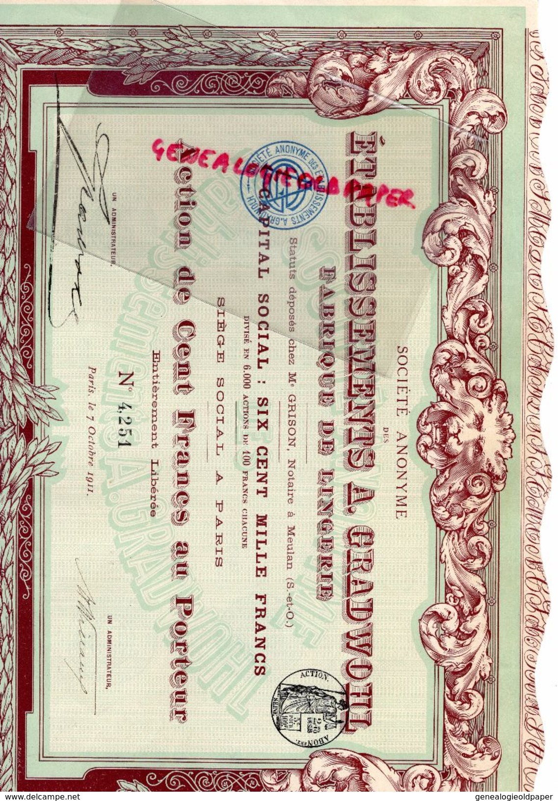 75- PARIS- ACTION CENT FRANCS ETABLISSEMENTS A. GRADWOHL FABRIQUE LINGERIE-1911- IMPRIMERIE RICHARD - Textile