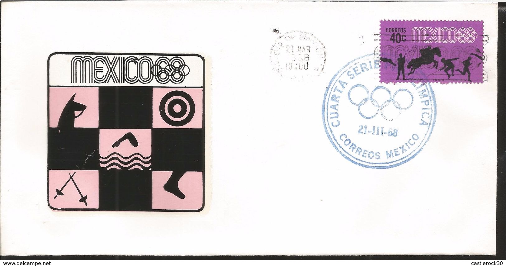 A) 1968 MEXICO, PENTATHLON, MEXICO68, OLYMPIC GAMES EMBLEM, FOURTH PRE-OLIMPICAL POST SERIES, SPORTS, LILY AND BLACK COL - Mexico