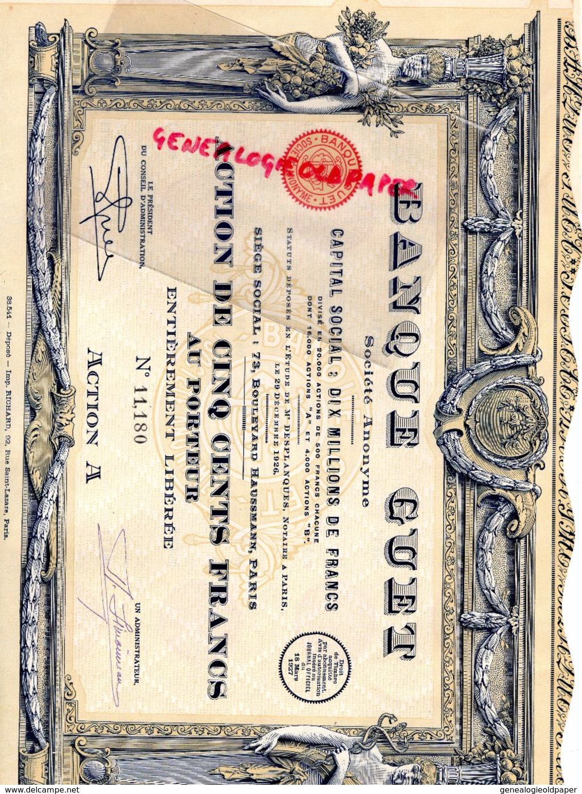 75 - PARIS- BANQUE GUET -ACTION 500 FRANCS- 1926- 73 BD HAUSSMANN- MAITRE DESPLANQUES NOTAIRE -IMPRIMERIE RICHARD - Bank En Verzekering