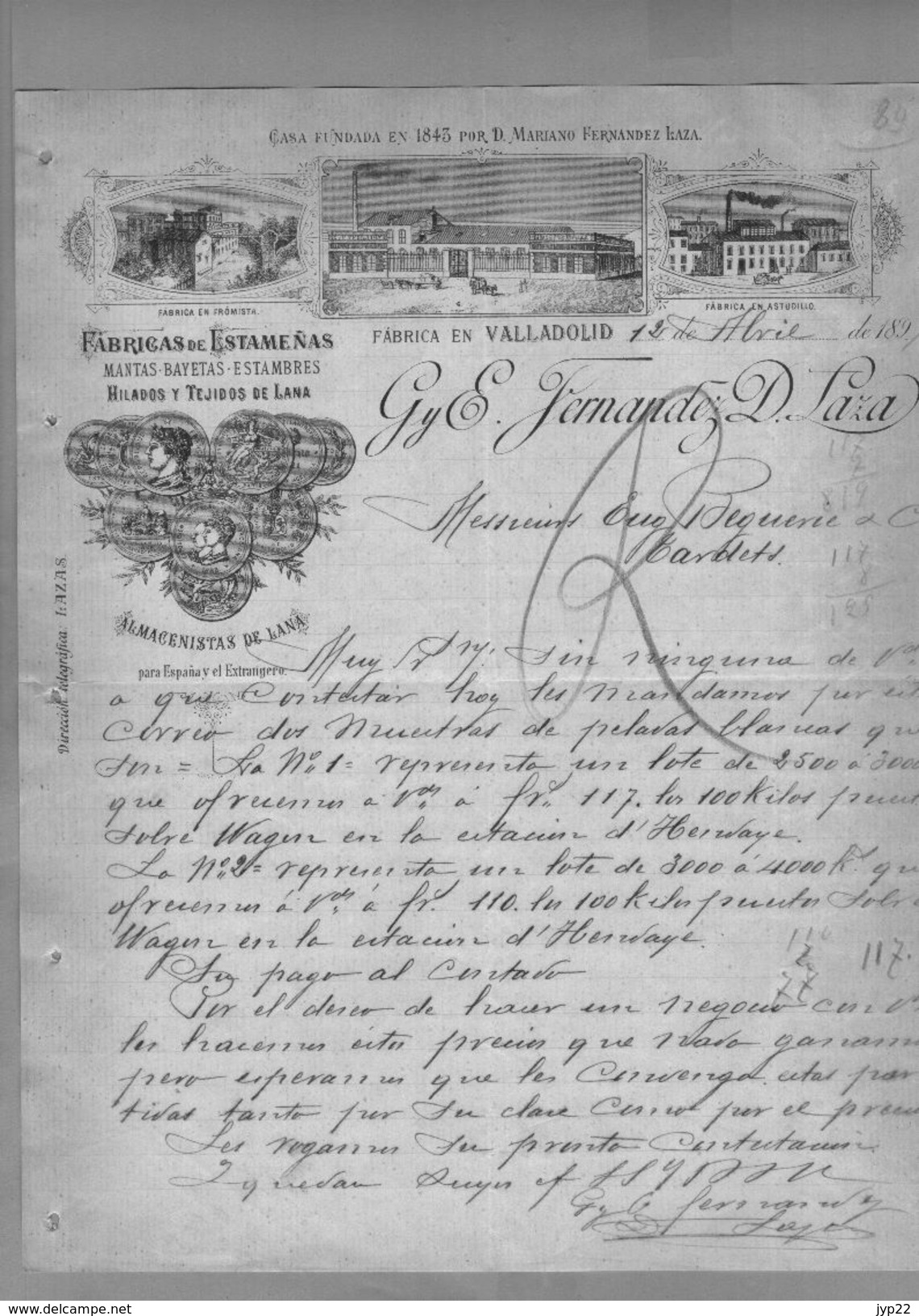 Courrier Illustré Espagne Fabrique Estamenas Gy E. Fernandez D. Laza Valladolid 12-04-1897 - Laine -  écrit En Espagnol - Spain