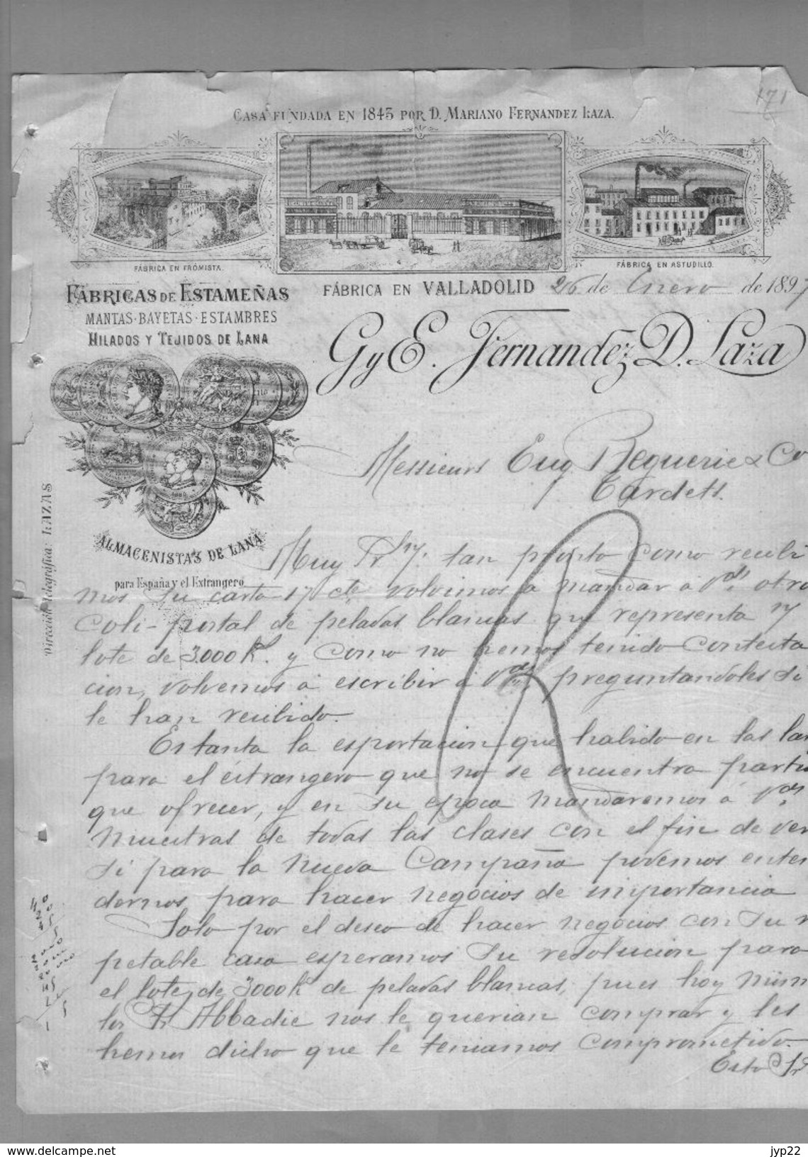 Courrier Illustré Espagne Fabrique Estamenas Gy E. Fernandez D. Laza Valladolid 26-?-1897 - Laine -  écrit En Espagnol - Spanien