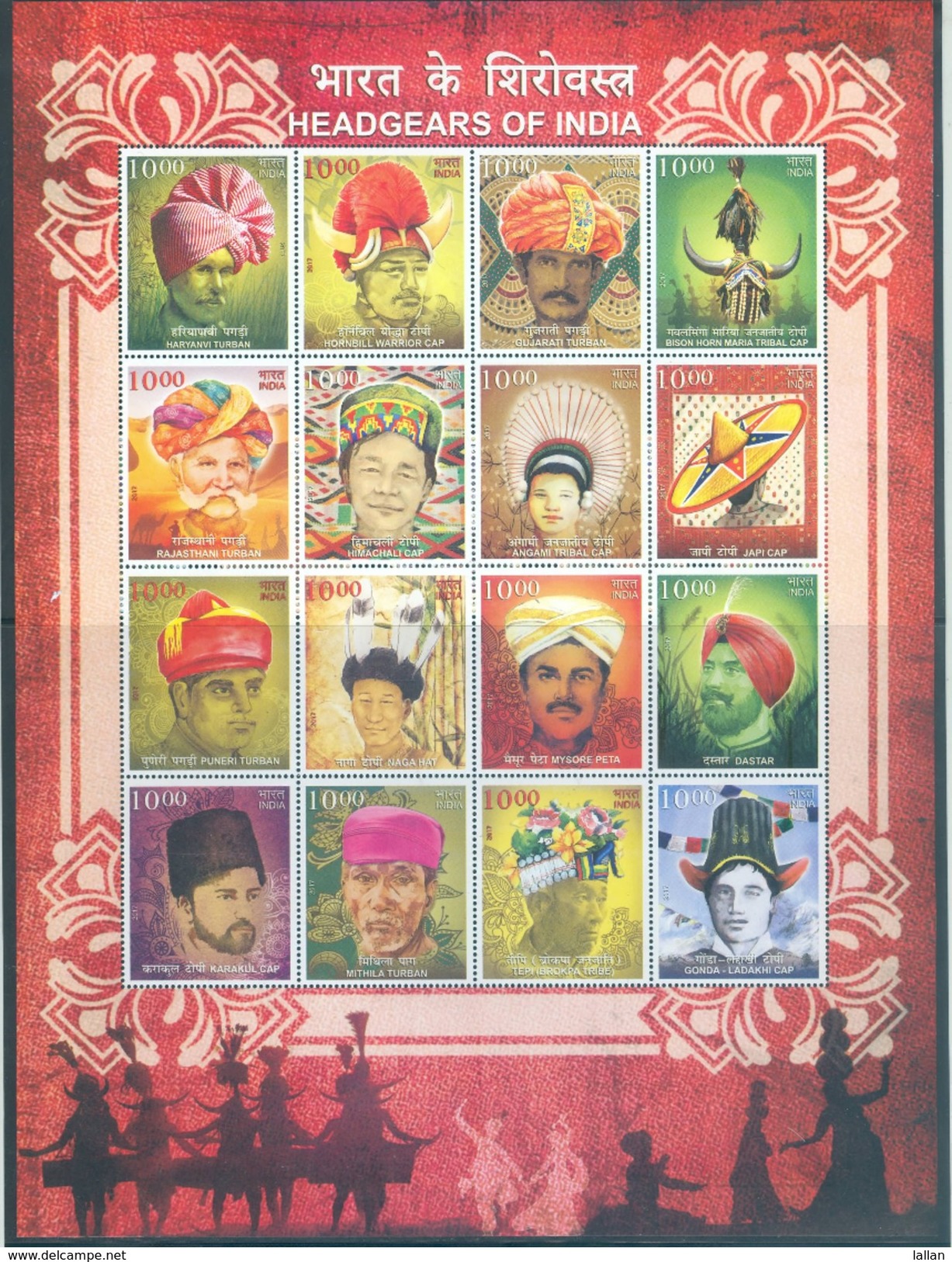 Head Gears Of India,Specially Designed Sheetlet Of 16 Stamps(HV), 2017 - Blocks & Sheetlets