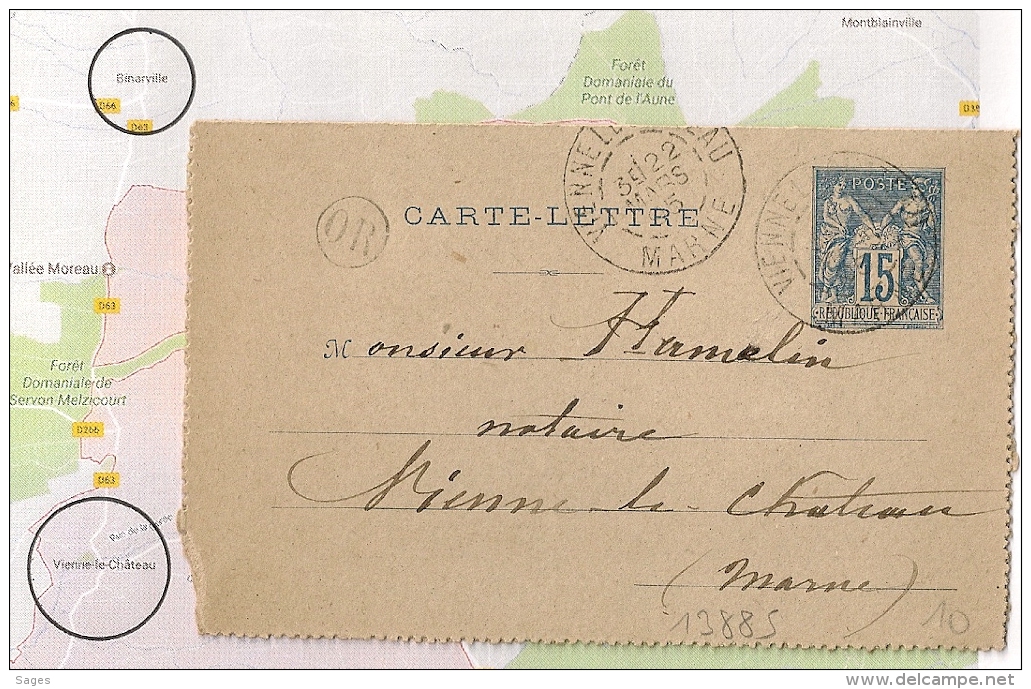 OR =  BINARVILLE, VIENNE LE CHATEAU Marne Sur Carte Lettre SAGE. 1895 - Tarjetas Cartas