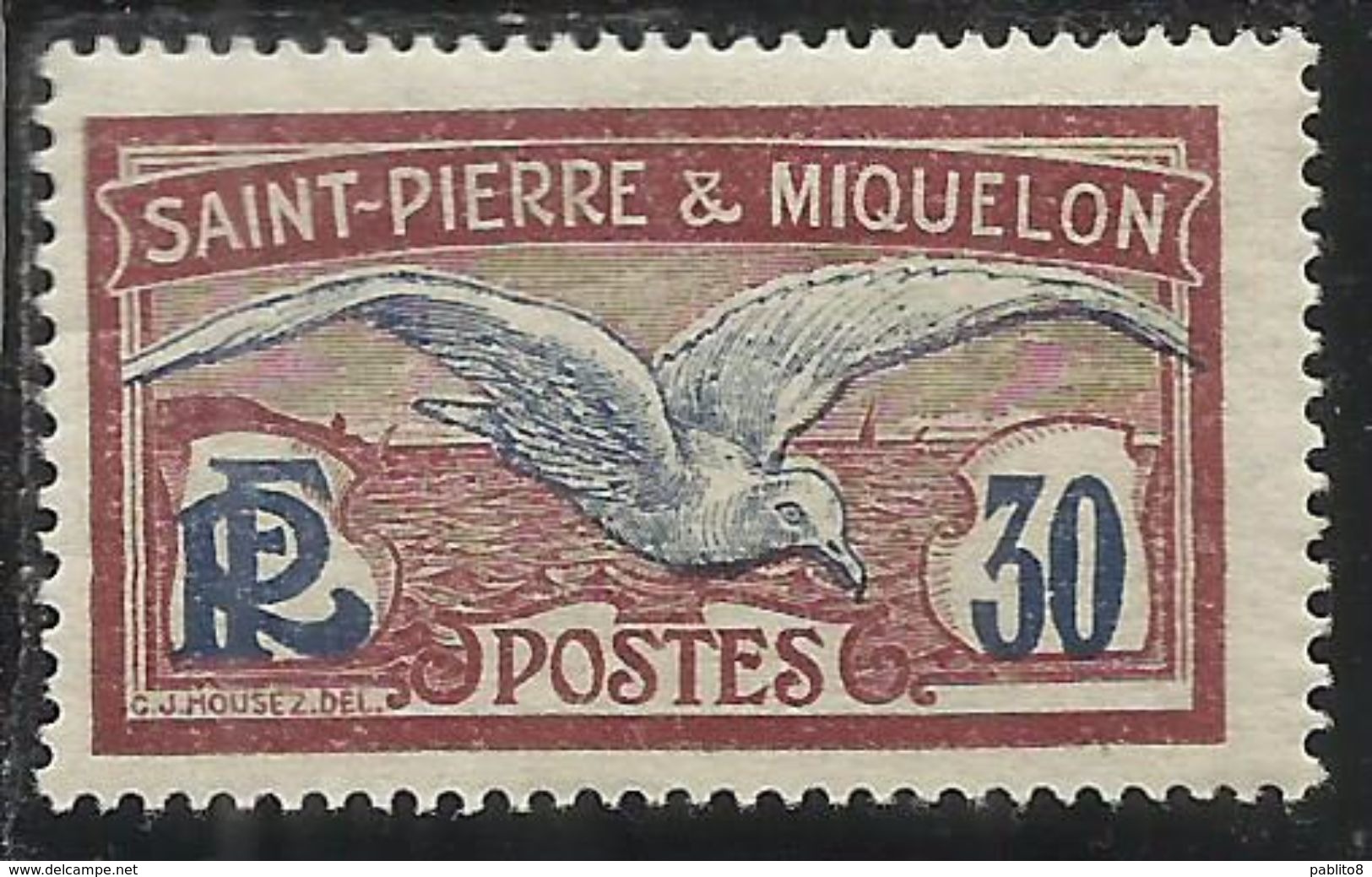 ST SAINT PIERRE AND ET MIQUELON 1909 1930 FULMAR PETREL CENT. 30 MNH - Unused Stamps