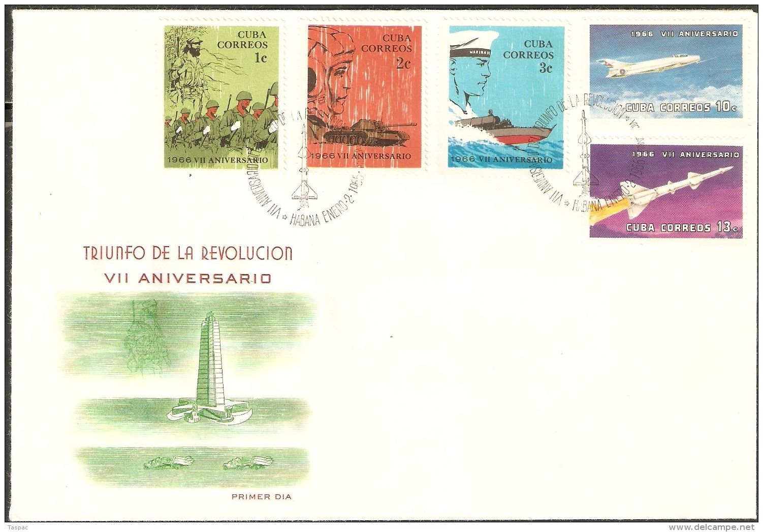 1966 FDC Mi# 1128-1132 - 7th Anniv. Of The Revolution / Military / Jet Aircraft / Rocket / Space - Sud America