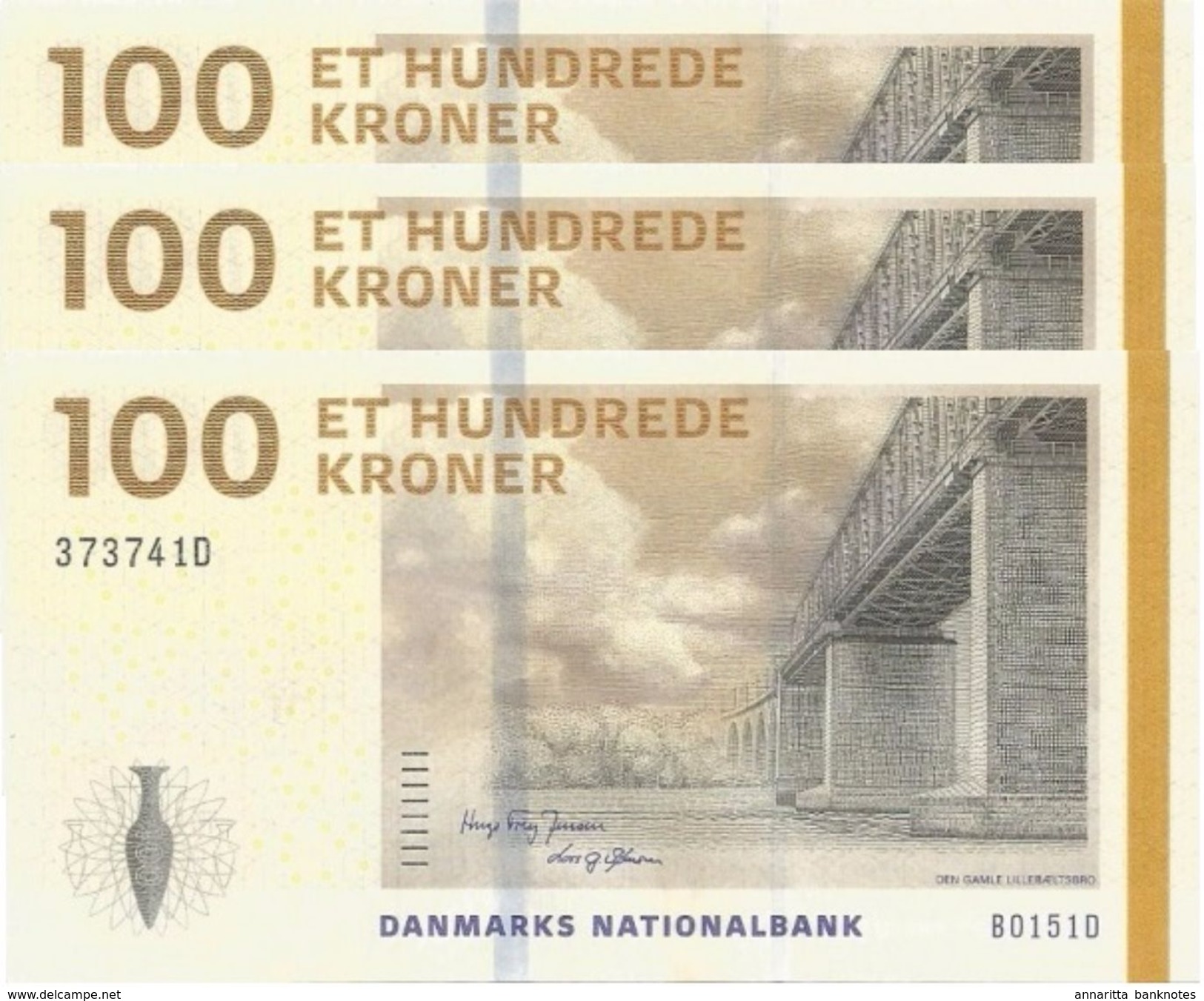 Denmark 100 Kroner 2015, UNC (P-66d, B-936d)  3 PCS - Denmark