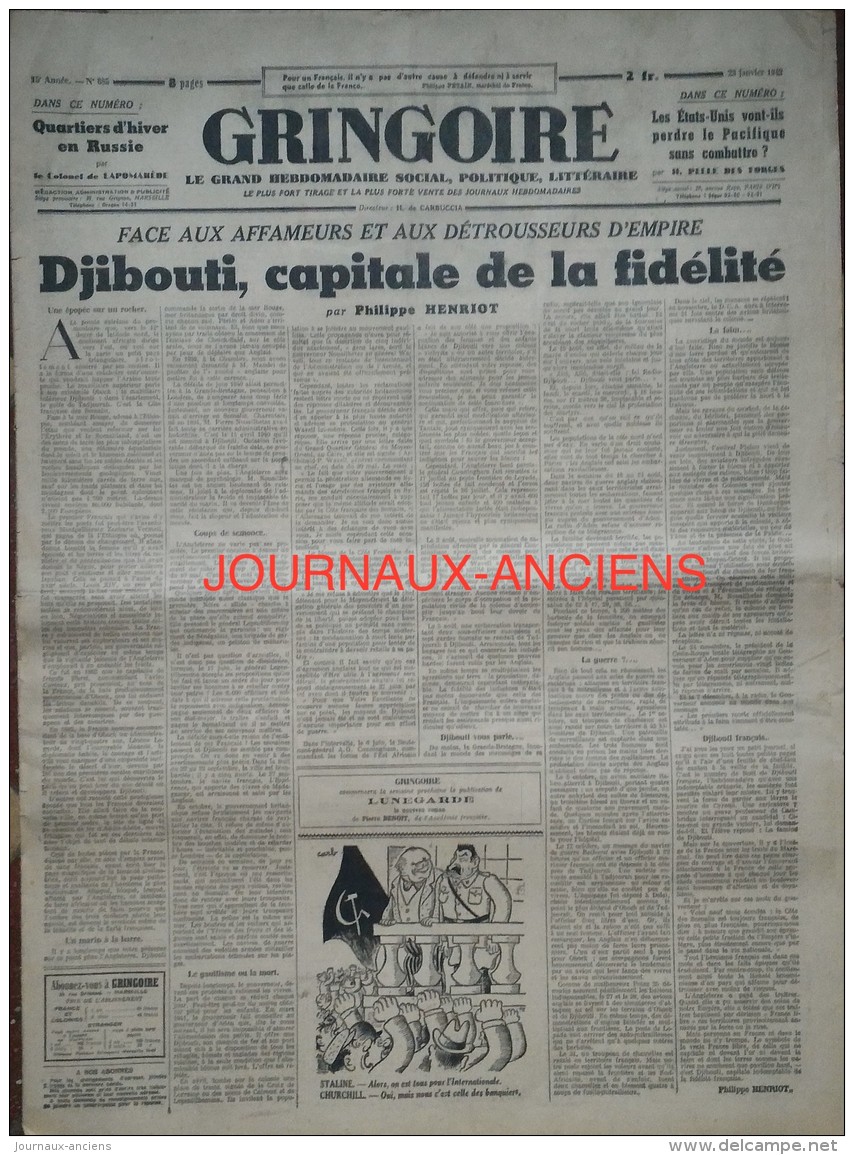 1942 Journal GRINGOIRE - COLLABORATION - DJIBOUTI CAPITALE DE LA FIDÉLITÉ - DESSIN CAB STALINE CHURCHILL - PUB LUSTUCRU - Documents Historiques