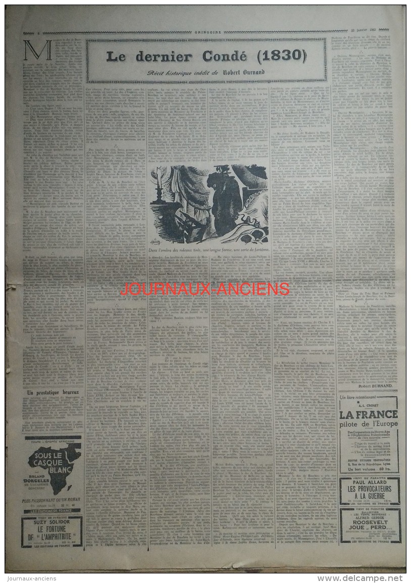1942 Journal GRINGOIRE - COLLABORATION - DJIBOUTI CAPITALE DE LA FIDÉLITÉ - DESSIN CAB STALINE CHURCHILL - PUB LUSTUCRU - Documents Historiques