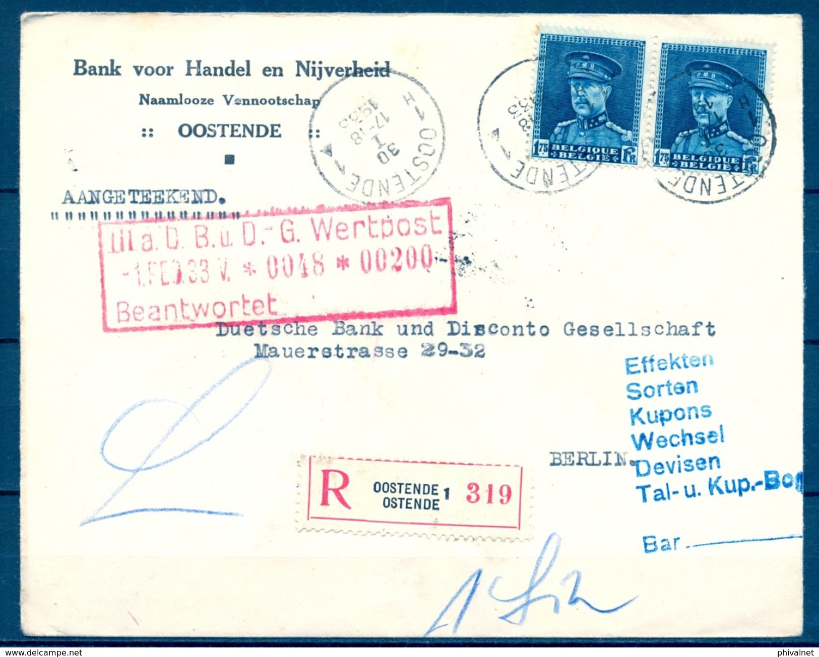 1933 , BÉLGICA , CERTIFICADO CIRCULADO ENTRE OOSTENDE Y BERLIN , LLEGADA , BANK VOOR HANDEL EN NIJVERHEID - Cartas & Documentos